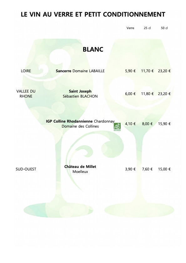Carte des vins au verre, restaurant des Trente Pas Villard-de-Lans