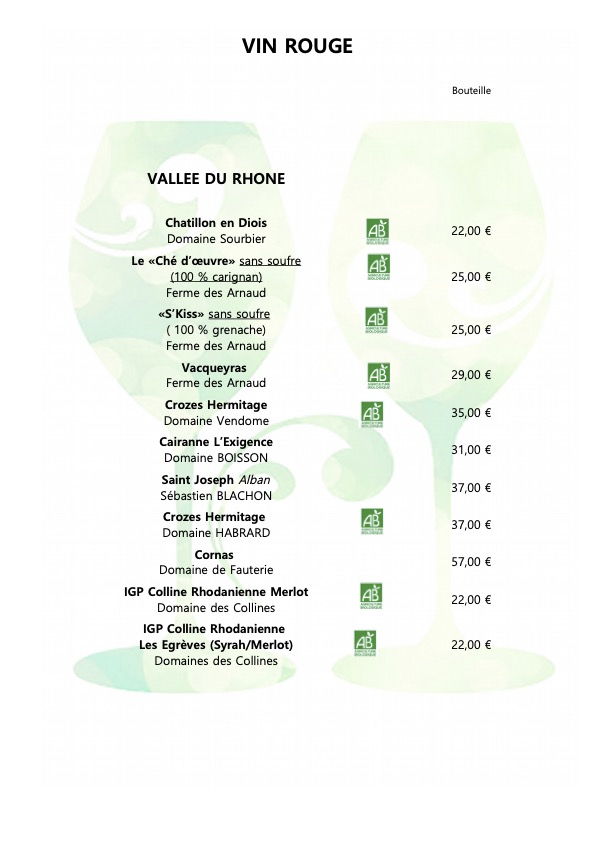 Carte des vins rouges du restaurant Les Trente Pas à Villard-de-Lans