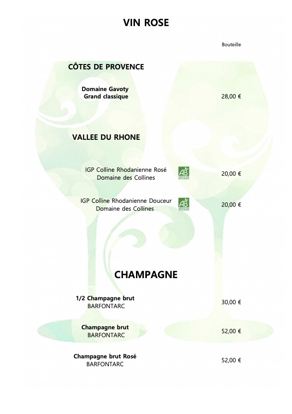 Carte des vins rosé et champagnes du restaurant gastronomique Les 30 Pas à Villard-de-Lans